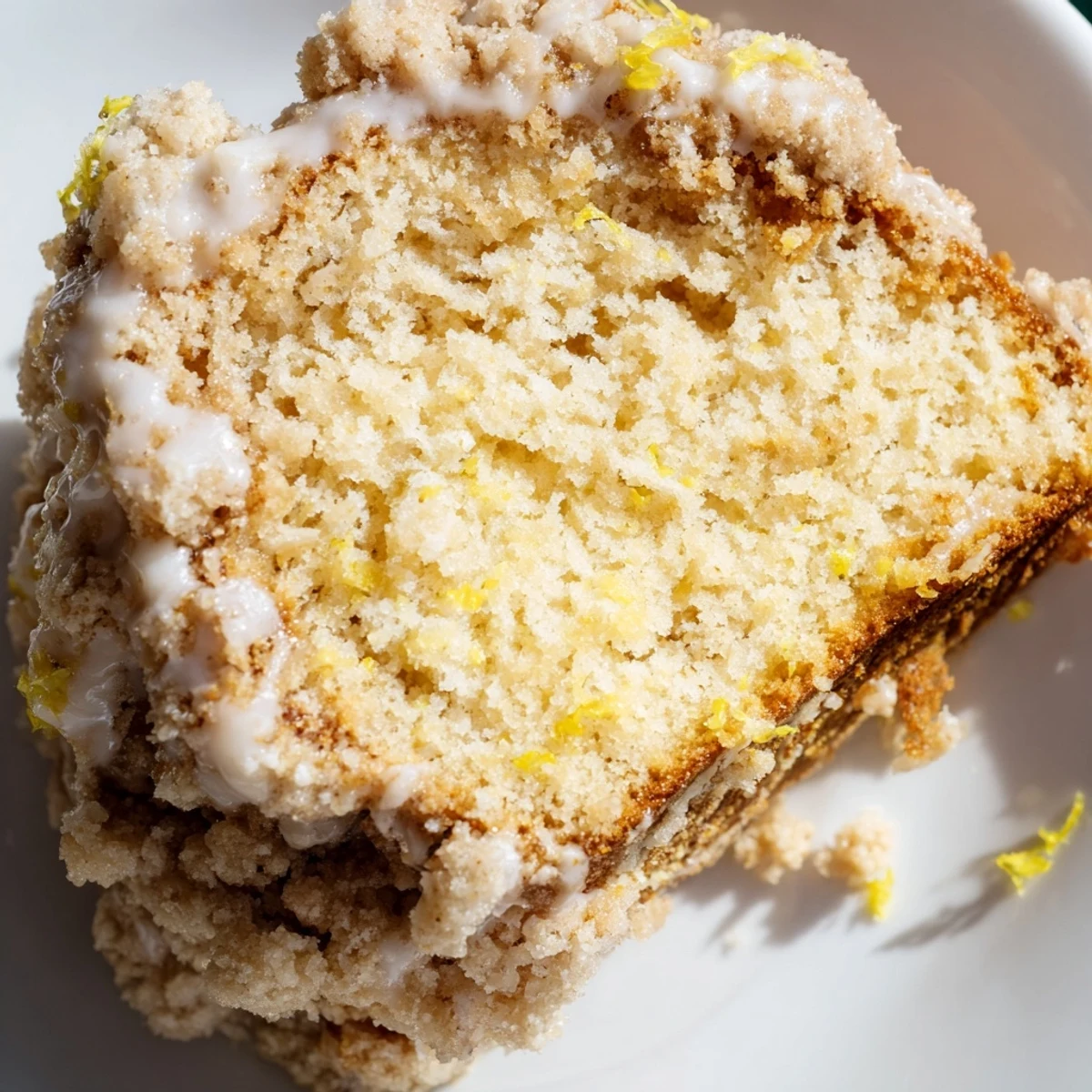 Freshly baked Lemon Coffee Cake with Crumble cooling on a wire rack with a lemon wedge nearby.