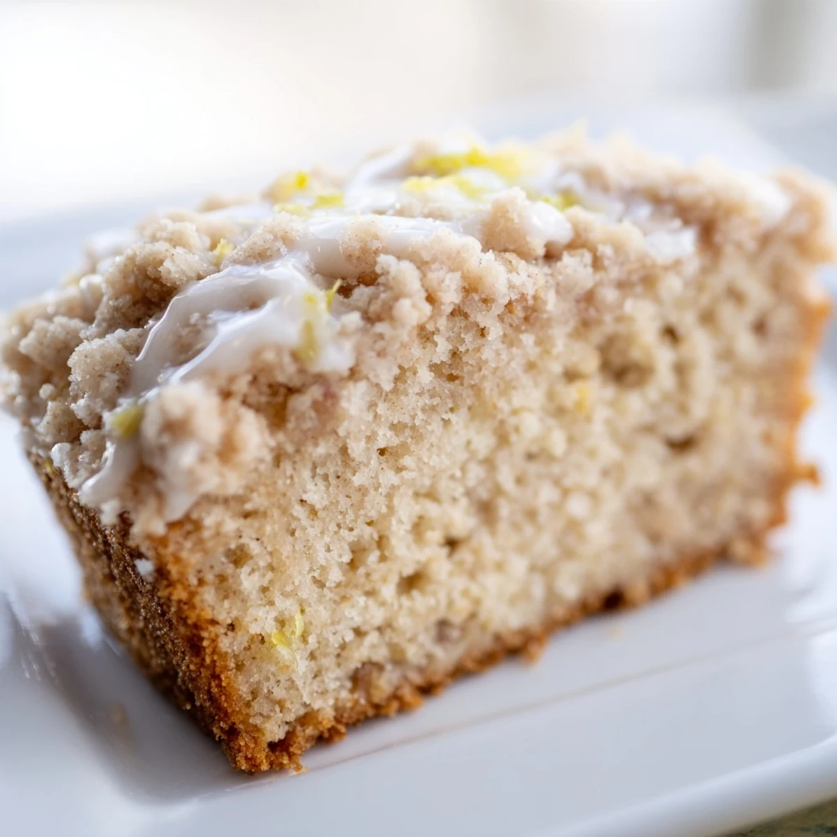 Slice of Lemon Coffee Cake with Crumble showing a tender crumb and buttery streusel topping.