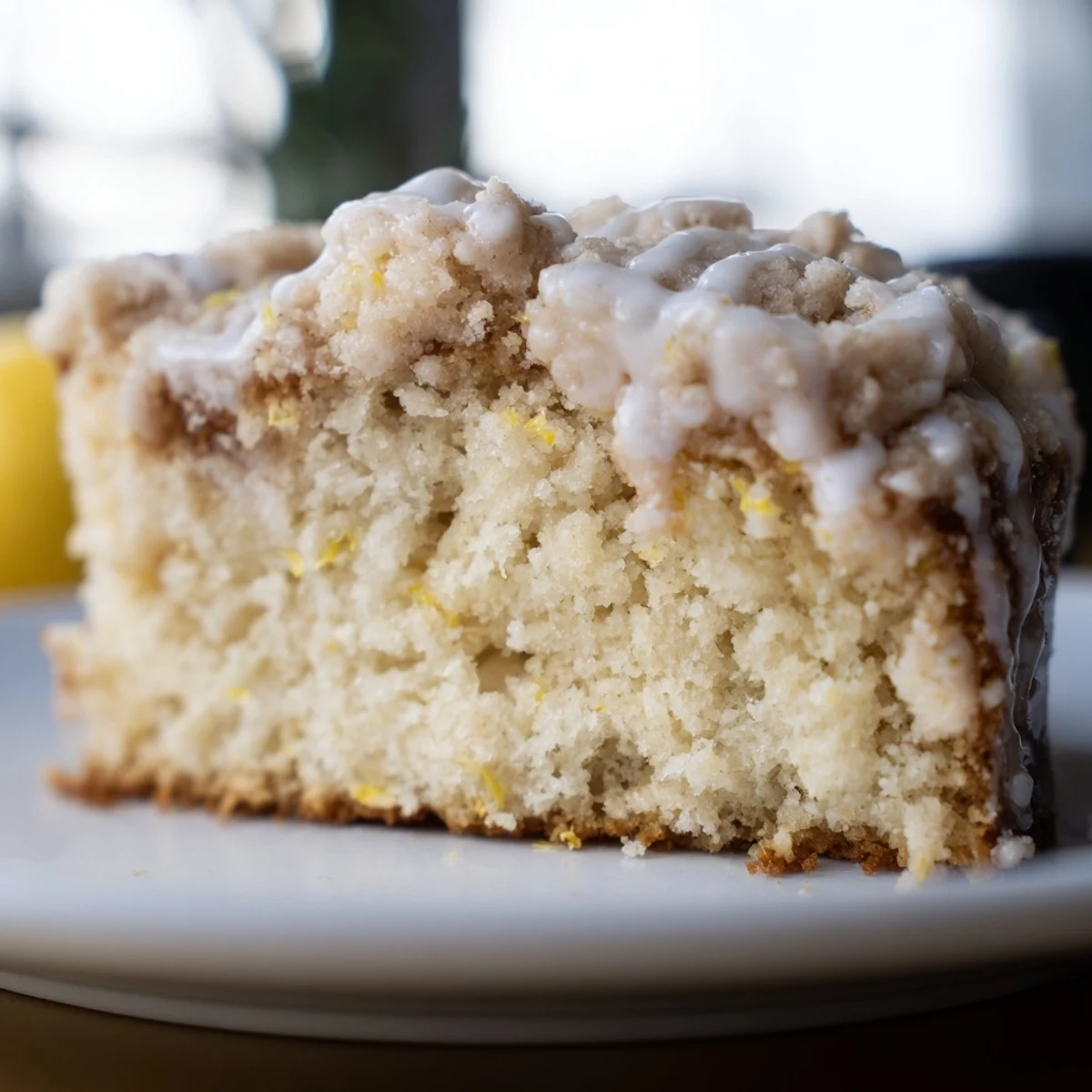 Moist Lemon Coffee Cake with Crumble drizzled with glaze and plated with coffee for breakfast.