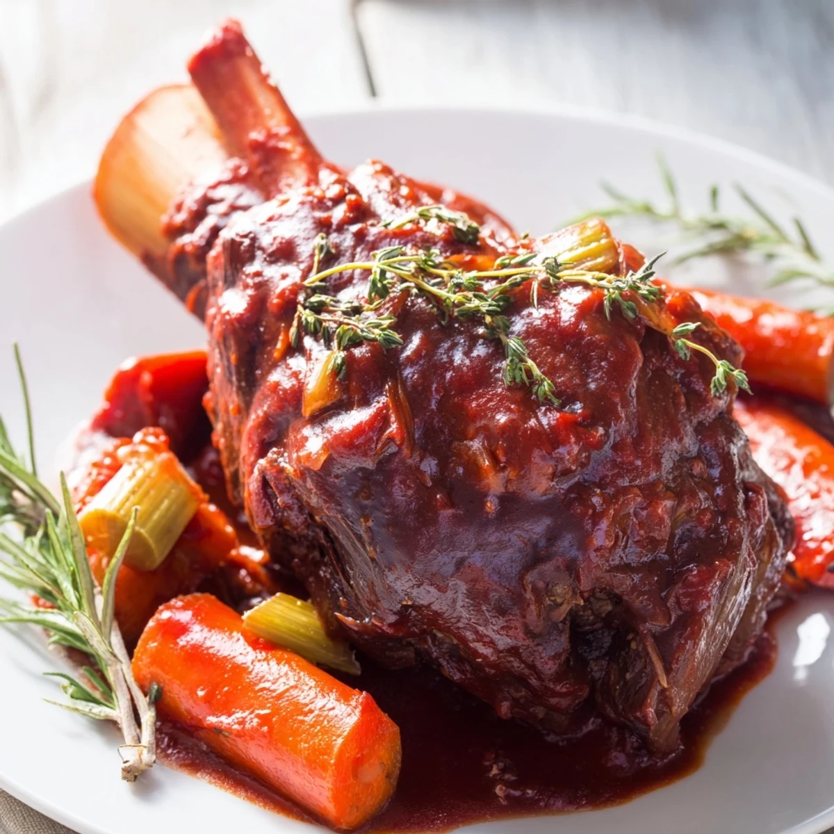 Slow-Cooked Beef Shank with Rosemary and Thyme braised until fork-tender, served with carrots in a rich red wine sauce over creamy mashed potatoes.