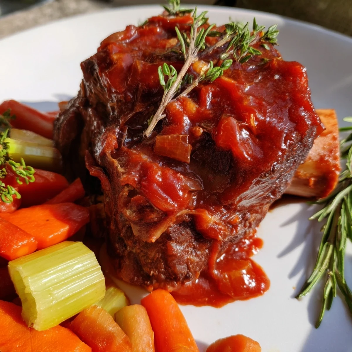 Golden-braised Slow-Cooked Beef Shank with Rosemary and Thyme in a Dutch oven, with aromatic vegetables and fresh herb garnish on a rustic wooden table.