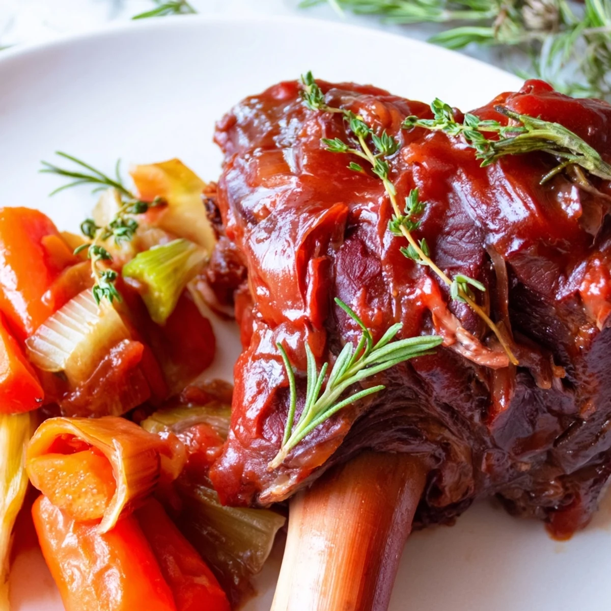Hearty Slow-Cooked Beef Shank with Rosemary and Thyme on a plate, the meat falling off the bone alongside glazed carrots and celery in gravy.