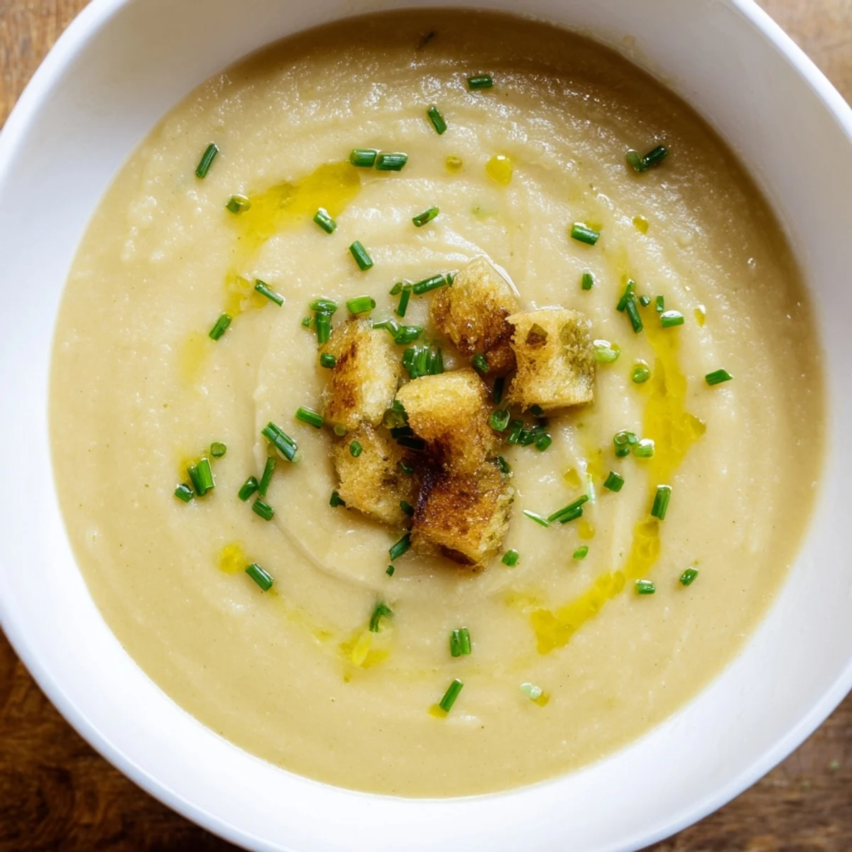 Creamy Roasted Jerusalem Artichoke Soup garnished with fresh chives and a drizzle of olive oil.