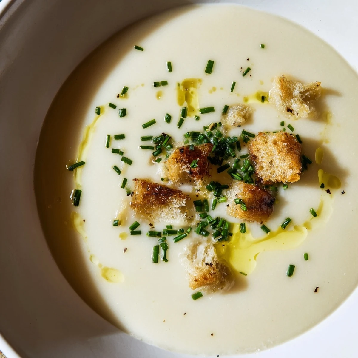 A close-up of Creamy Roasted Jerusalem Artichoke Soup in a rustic bowl, topped with chives and croutons.