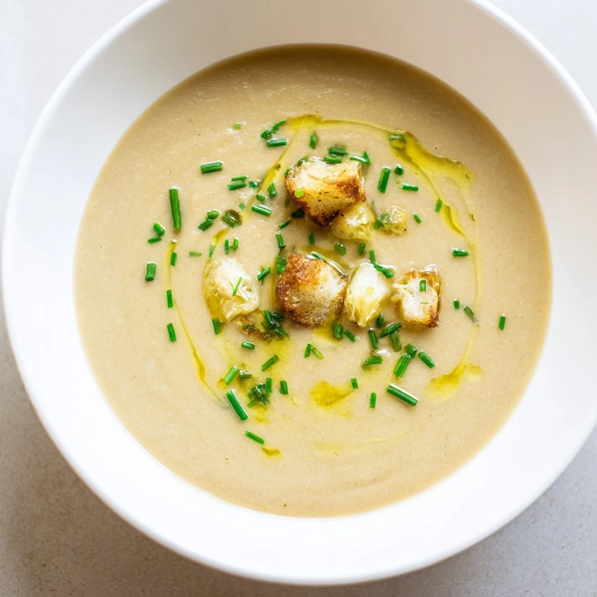 Bowls of velvety Creamy Roasted Jerusalem Artichoke Soup served with gluten-free bread for dipping.
