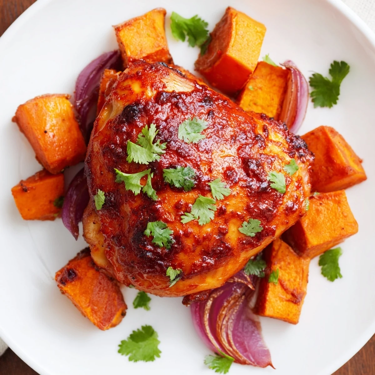 Sheet Pan Harissa Chicken with Sweet Potatoes roasted to golden perfection, bubbling with spices on a sheet pan.