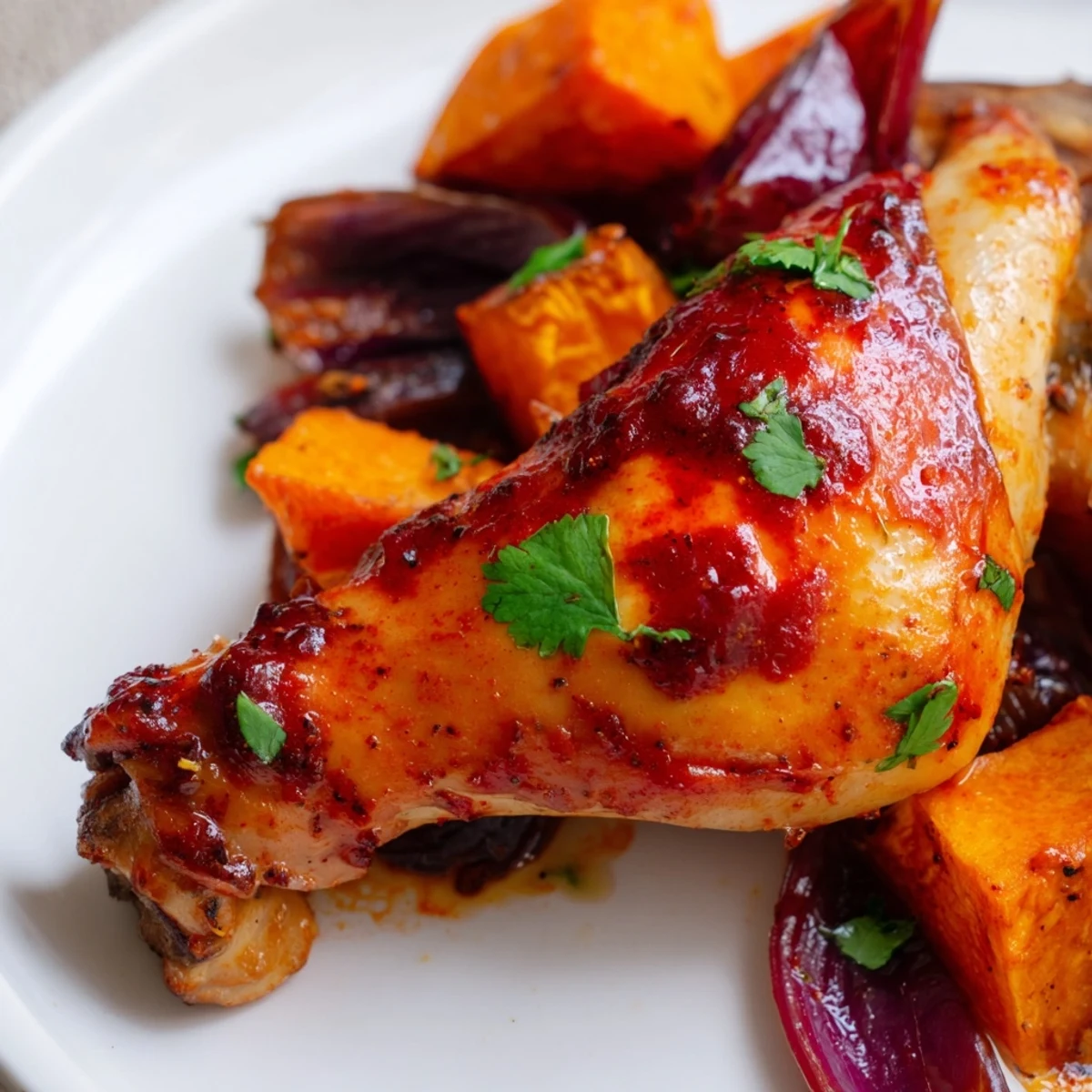 Sheet Pan Harissa Chicken with Sweet Potatoes served family-style, garnished with cilantro and ready for a flavorful dinner.