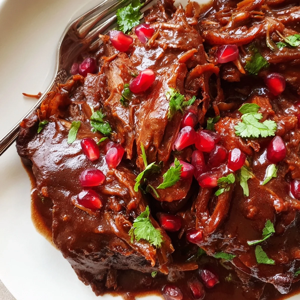 Tender Braised Lamb Shoulder with Pomegranate Molasses rests on a plate, garnished with fresh pomegranate seeds and cilantro, ready for a festive meal.