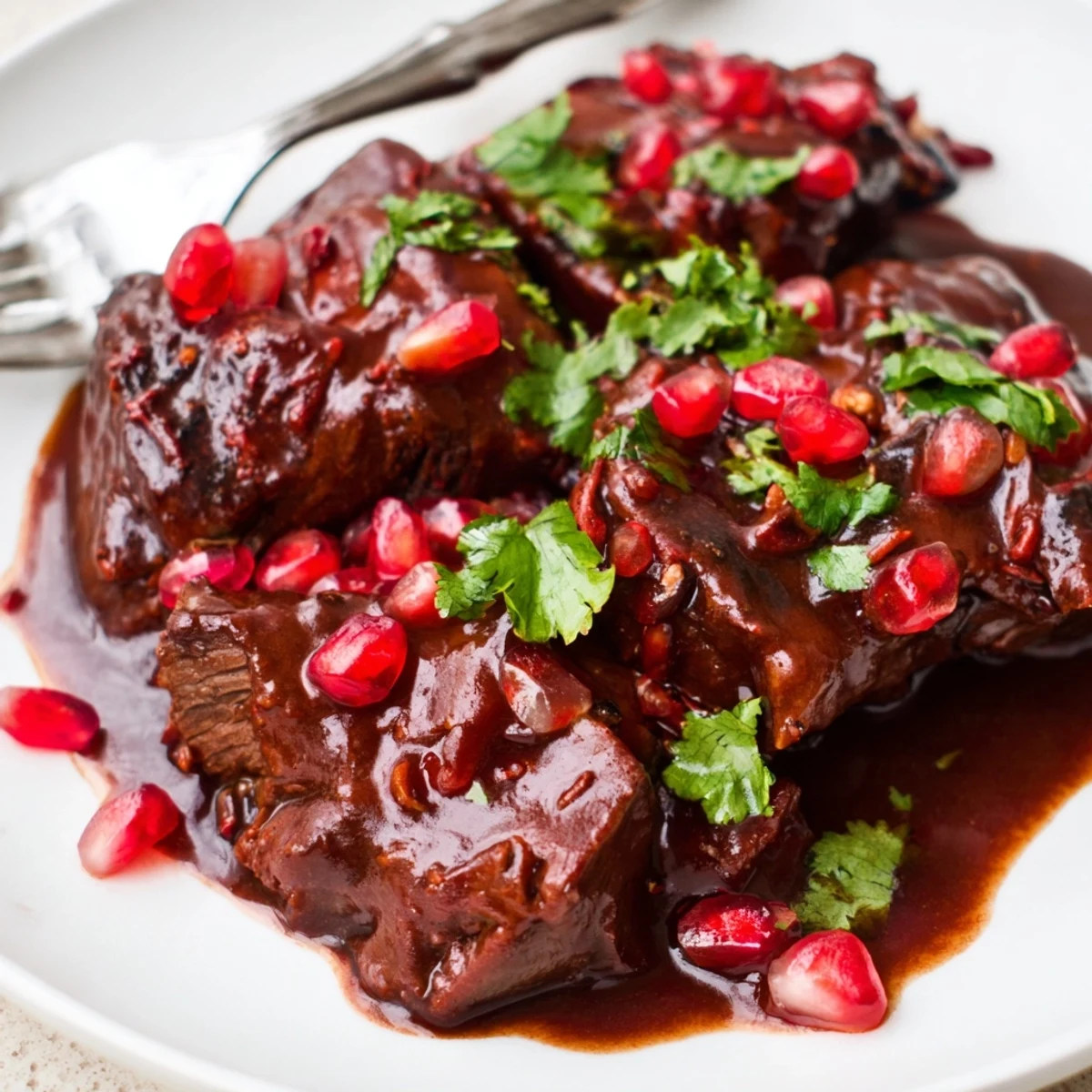 Fresh herbs and glistening sauce highlight this Braised Lamb Shoulder with Pomegranate Molasses, served alongside couscous for a delicious weeknight dinner.