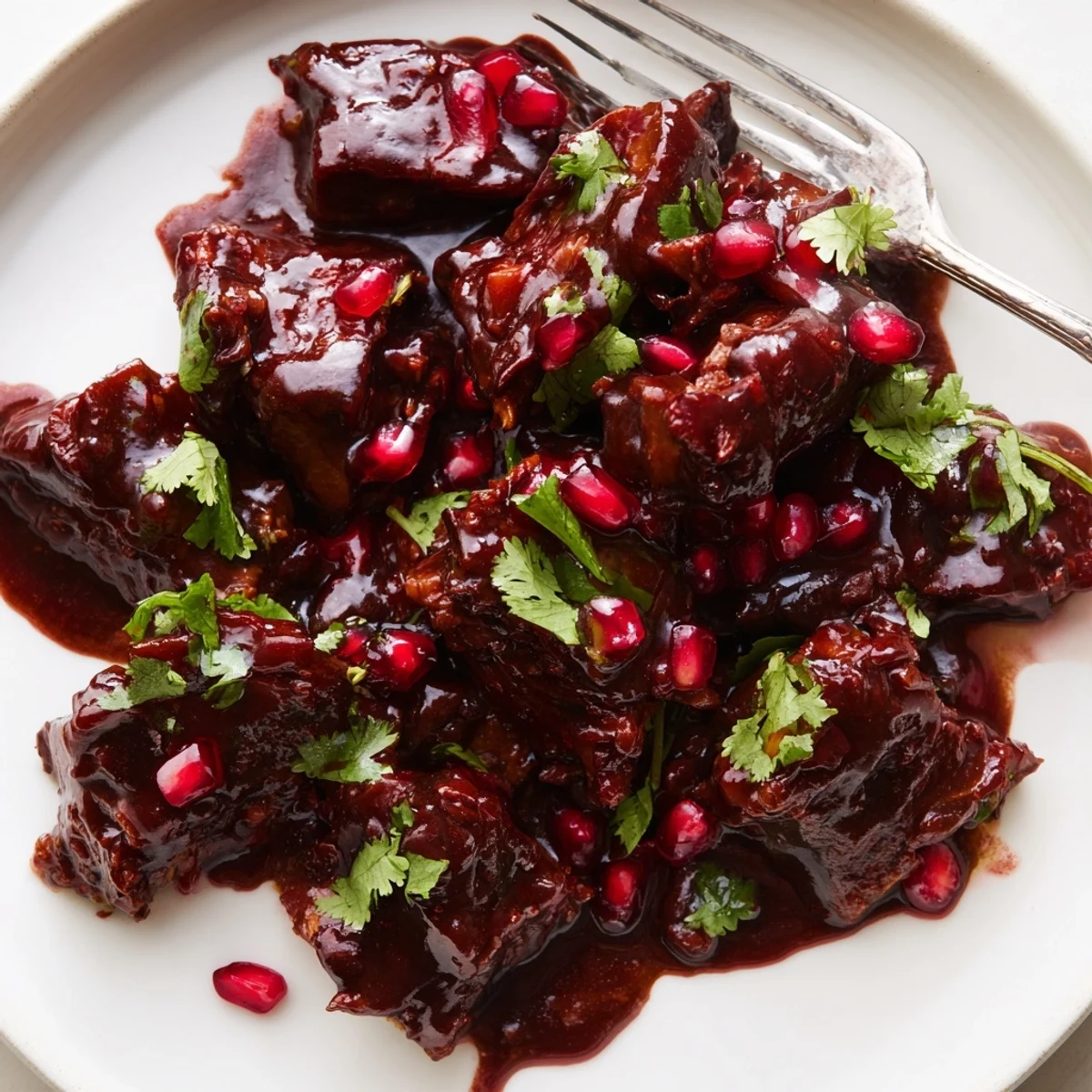 Golden brown Braised Lamb Shoulder with Pomegranate Molasses is garnished with vibrant pomegranate seeds, making it perfect for a special occasion centerpiece.