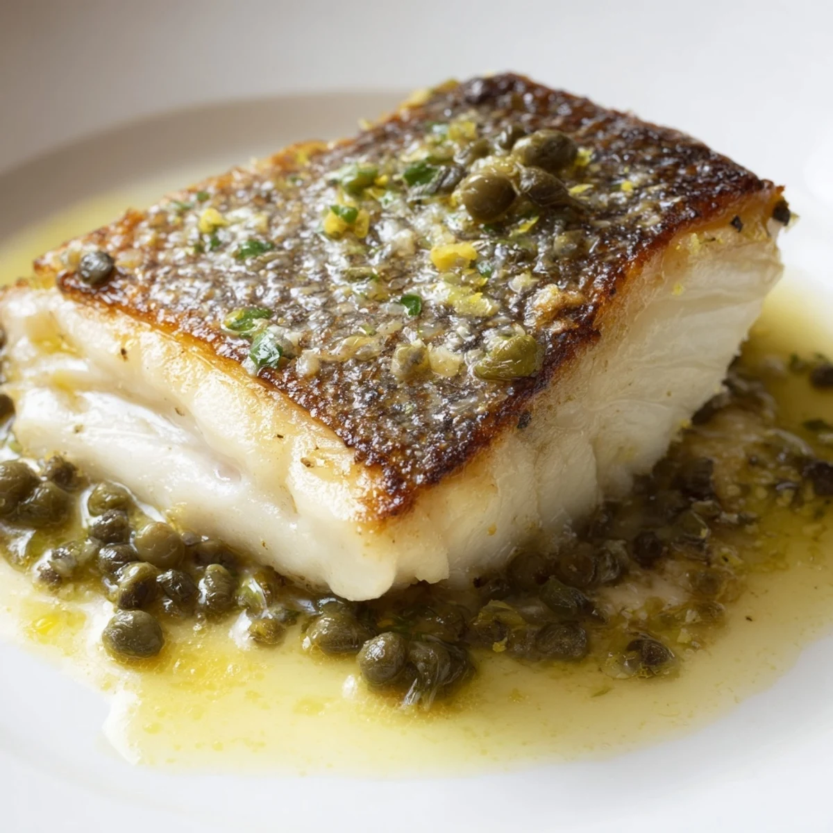 Pan seared sea bass fillets with golden, crispy skin are topped with a bright lemon caper sauce in a white bowl.