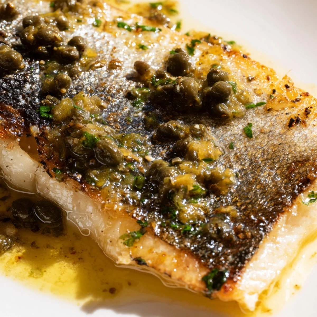 Perfectly cooked pan seared sea bass with lemon caper sauce served alongside sautéed spinach and roasted potatoes for a meal.