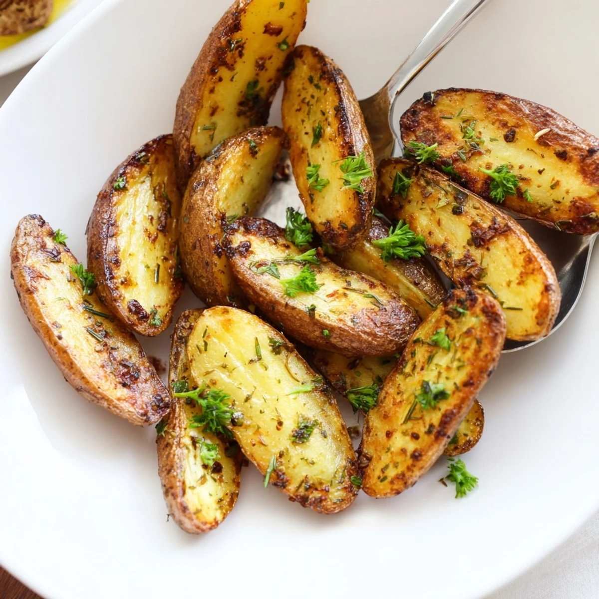 Golden brown Garlic Herb Roasted Fingerling Potatoes with minced garlic and fresh parsley on a rustic wooden board.