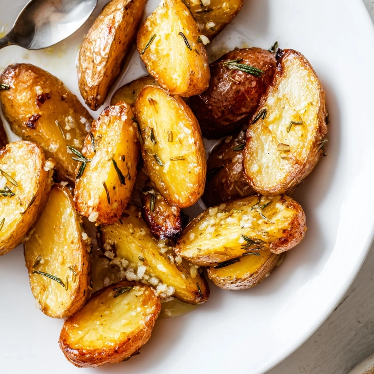 Fork-tender Garlic Herb Roasted Fingerling Potatoes on a white platter, perfect alongside grilled chicken for an easy dinner.