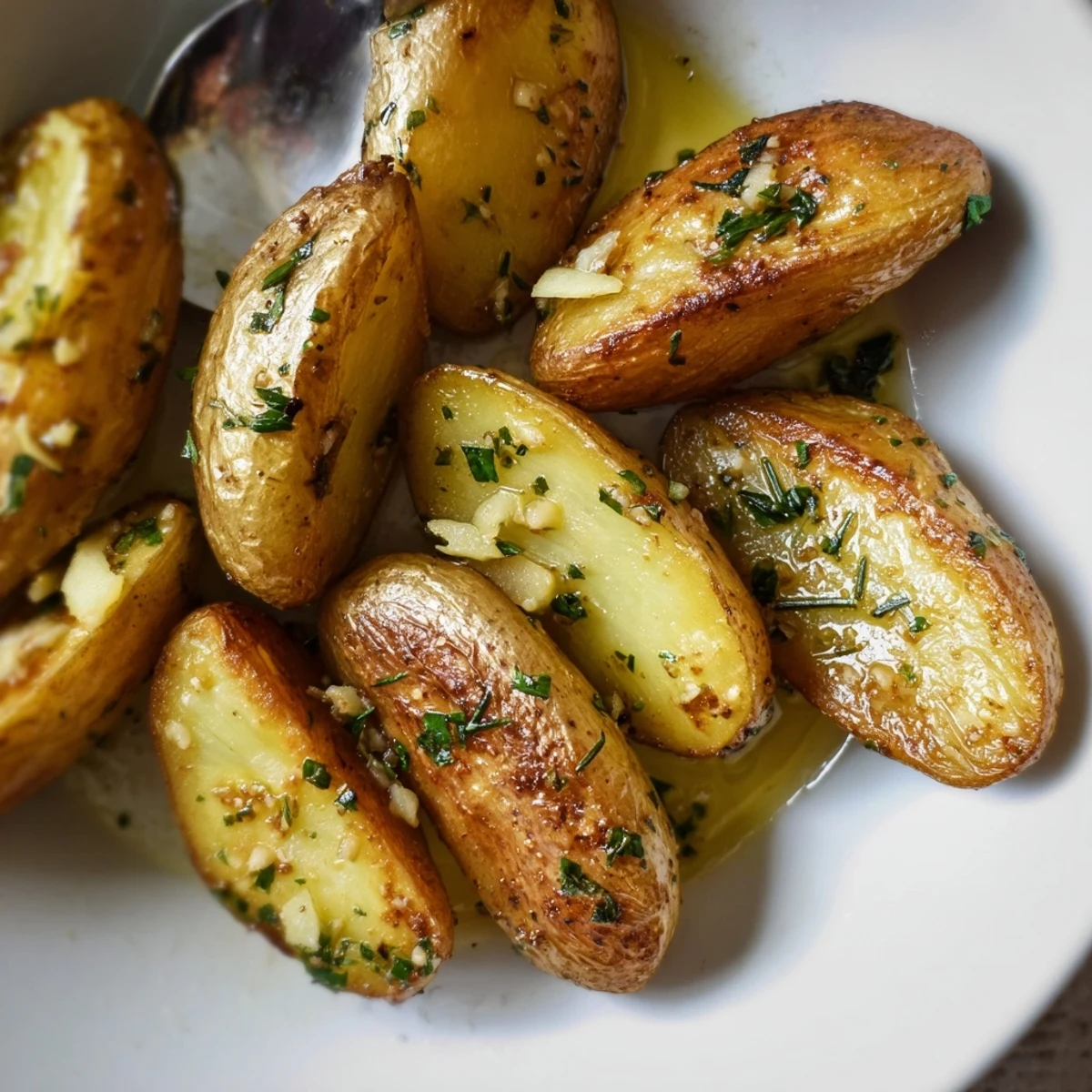 Seasoned Garlic Herb Roasted Fingerling Potatoes with crispy edges and chopped herbs, ready to serve warm from the oven.