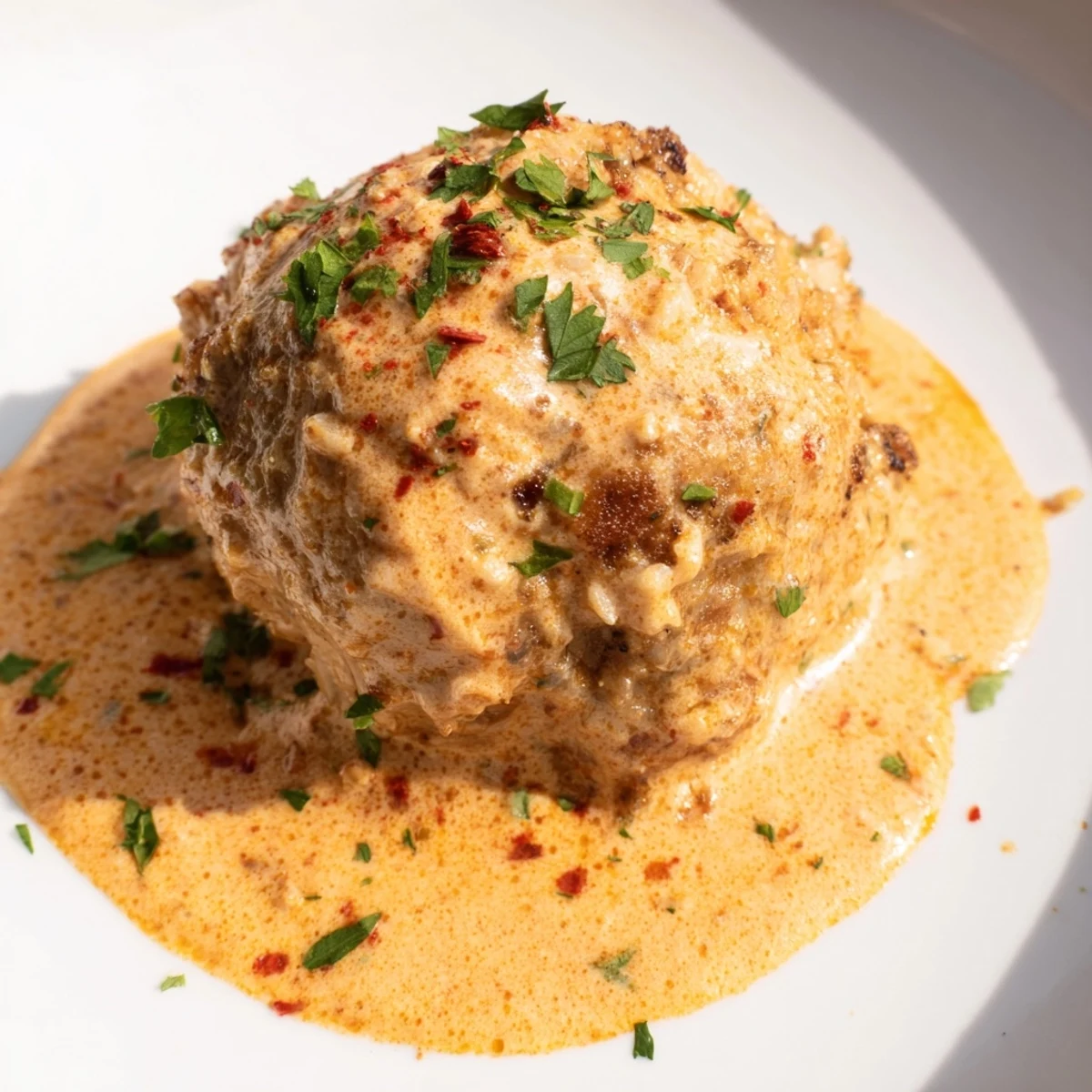 Golden-brown turkey meatballs resting in a creamy roasted red pepper sauce with fresh basil garnish.