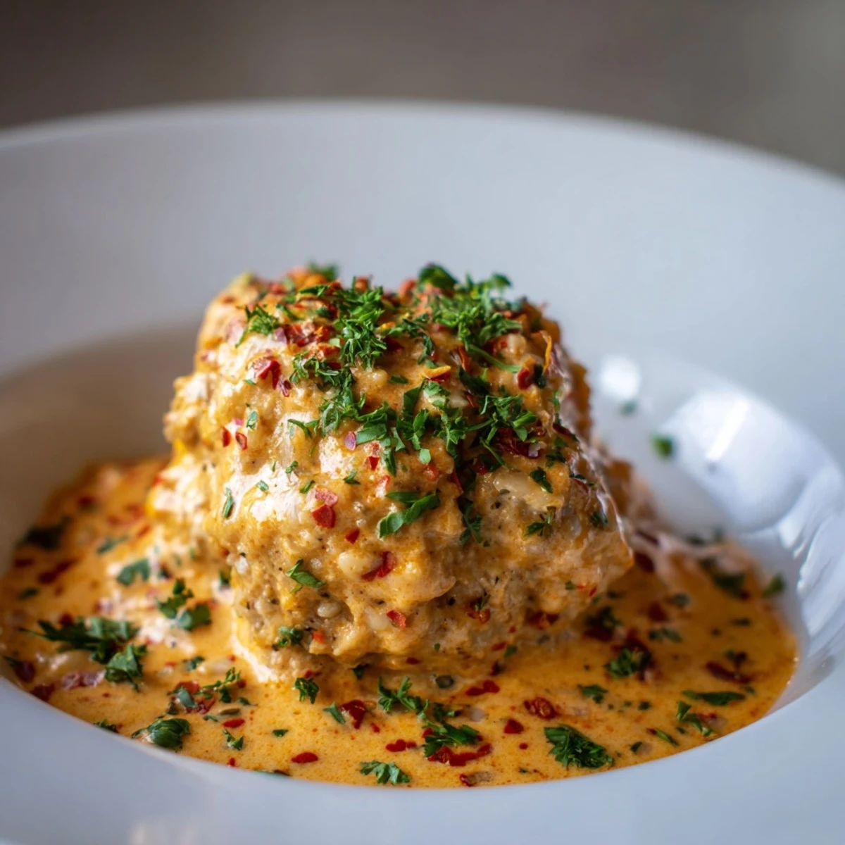 Baked turkey meatballs in a vibrant roasted red pepper sauce served over pasta on a rustic table.