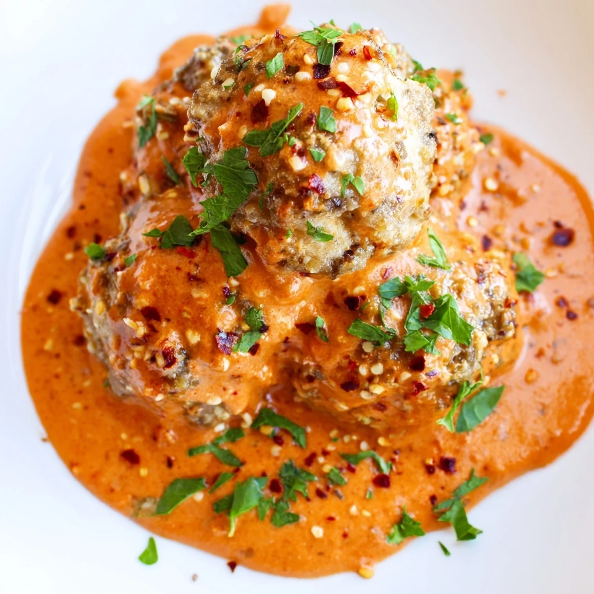 Close-up of tender turkey meatballs coated in a rich roasted red pepper sauce with a swirl of cream.