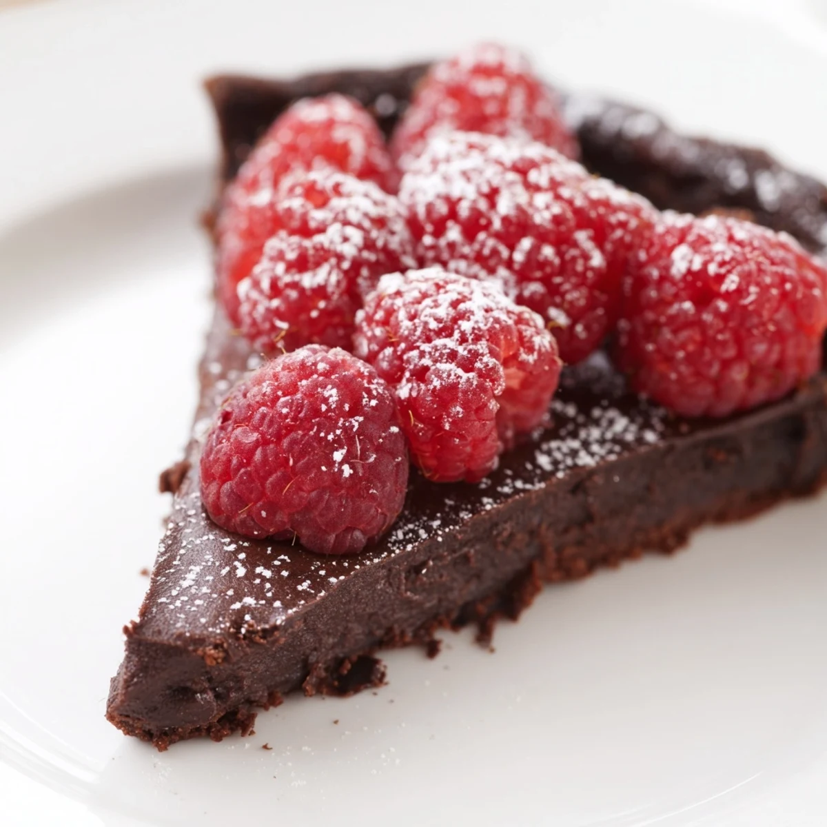 Decadent Dark Chocolate Tart with Raspberries sits on a marble counter, showcasing a rich, velvety texture topped with vibrant red fruit.