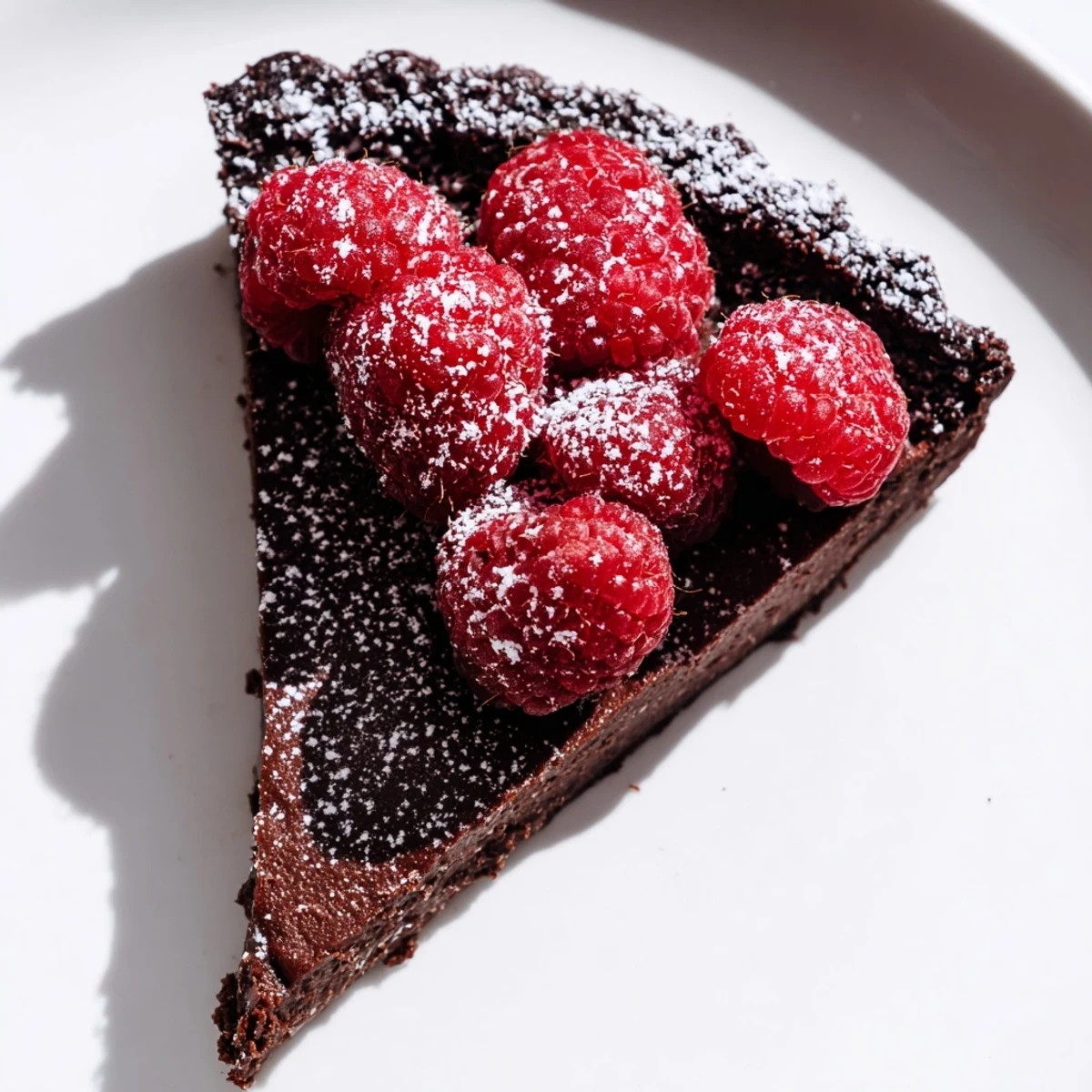 Top-down view of Decadent Dark Chocolate Tart with Raspberries, highlighting juicy berries and a dusting of powdered sugar on the crust.