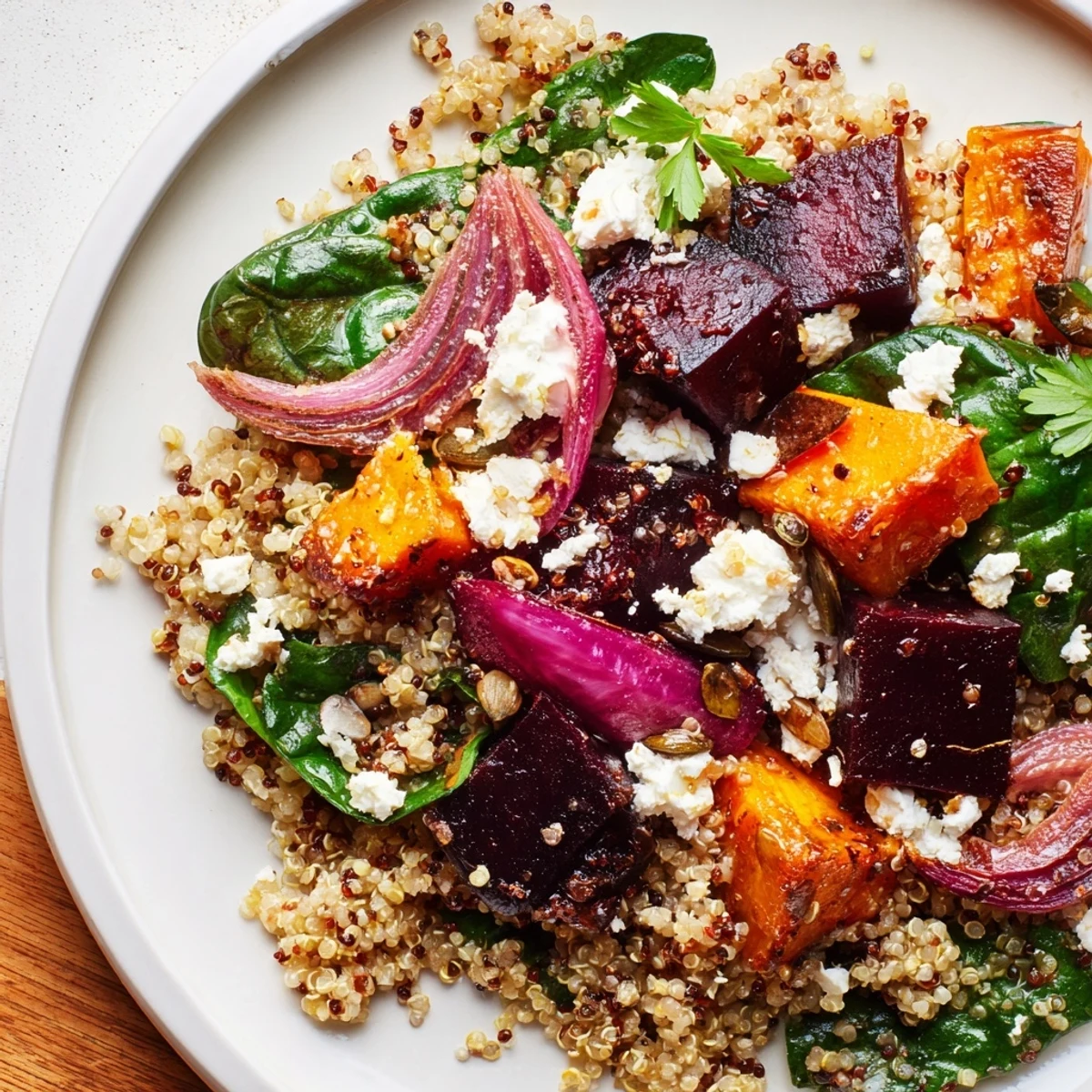 Warm Spiced Quinoa Salad with Roasted Beets in a rustic ceramic bowl, topped with fresh parsley and pumpkin seeds.