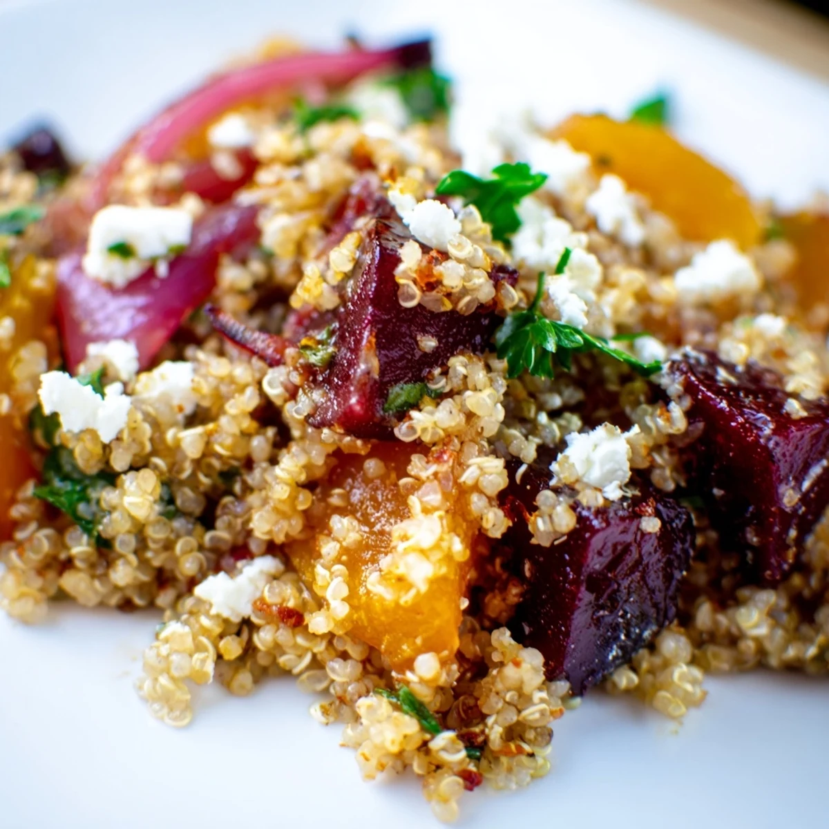 A vibrant bowl of Warm Spiced Quinoa Salad with Roasted Beets, featuring golden quinoa, tender beets, and baby spinach.