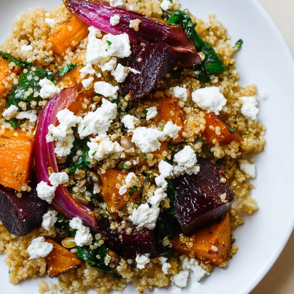 Serving of Warm Spiced Quinoa Salad with Roasted Beets garnished with feta, pumpkin seeds, and a zesty citrus dressing.