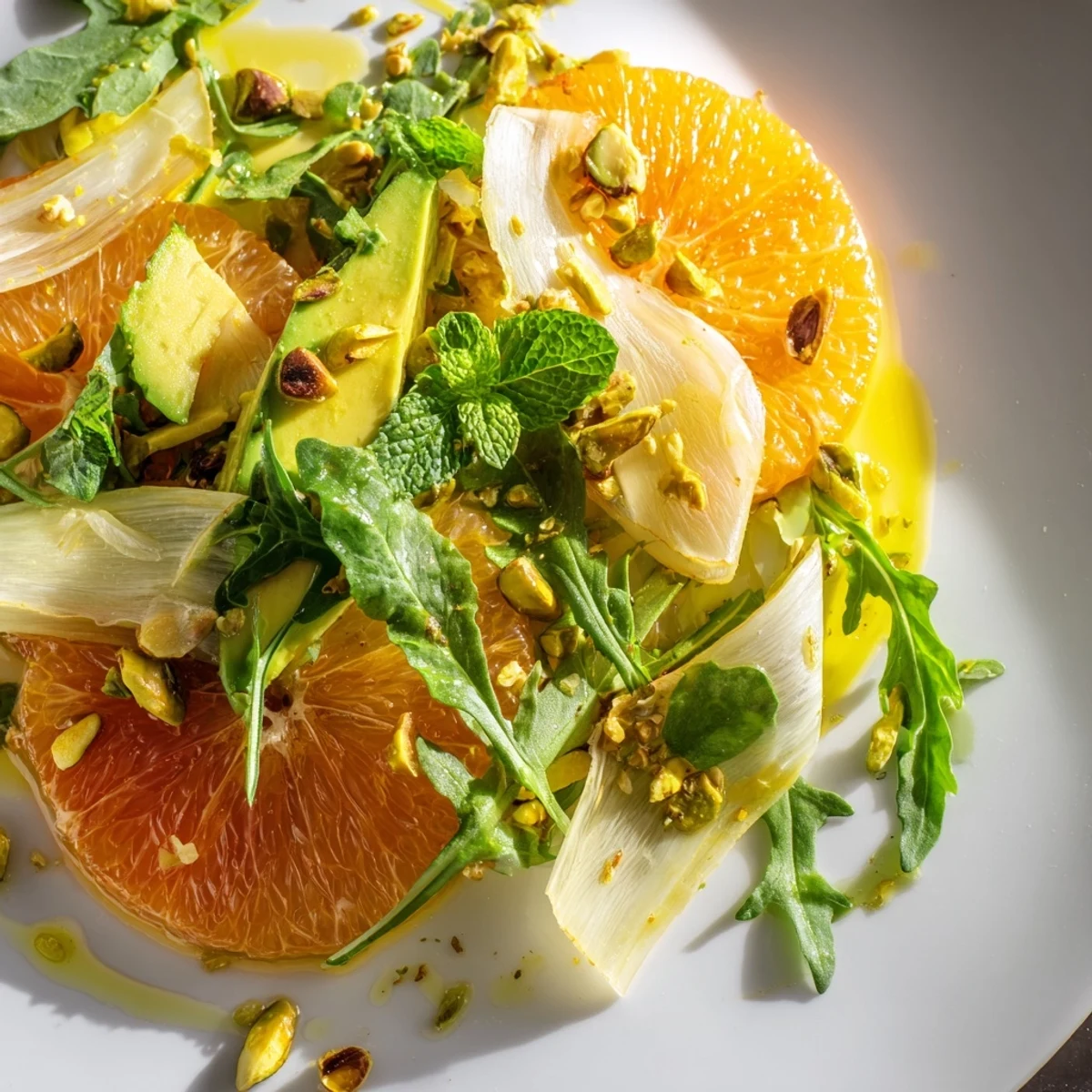 Bright winter citrus salad with crisp fennel and creamy avocado slices, topped with fresh mint and toasted pistachios.