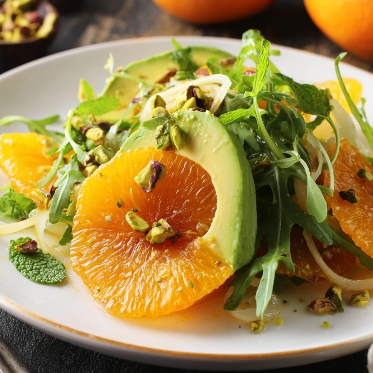 Colorful Winter Citrus Salad with Fennel and Avocado served on a platter with arugula, ideal for a refreshing vegan lunch.