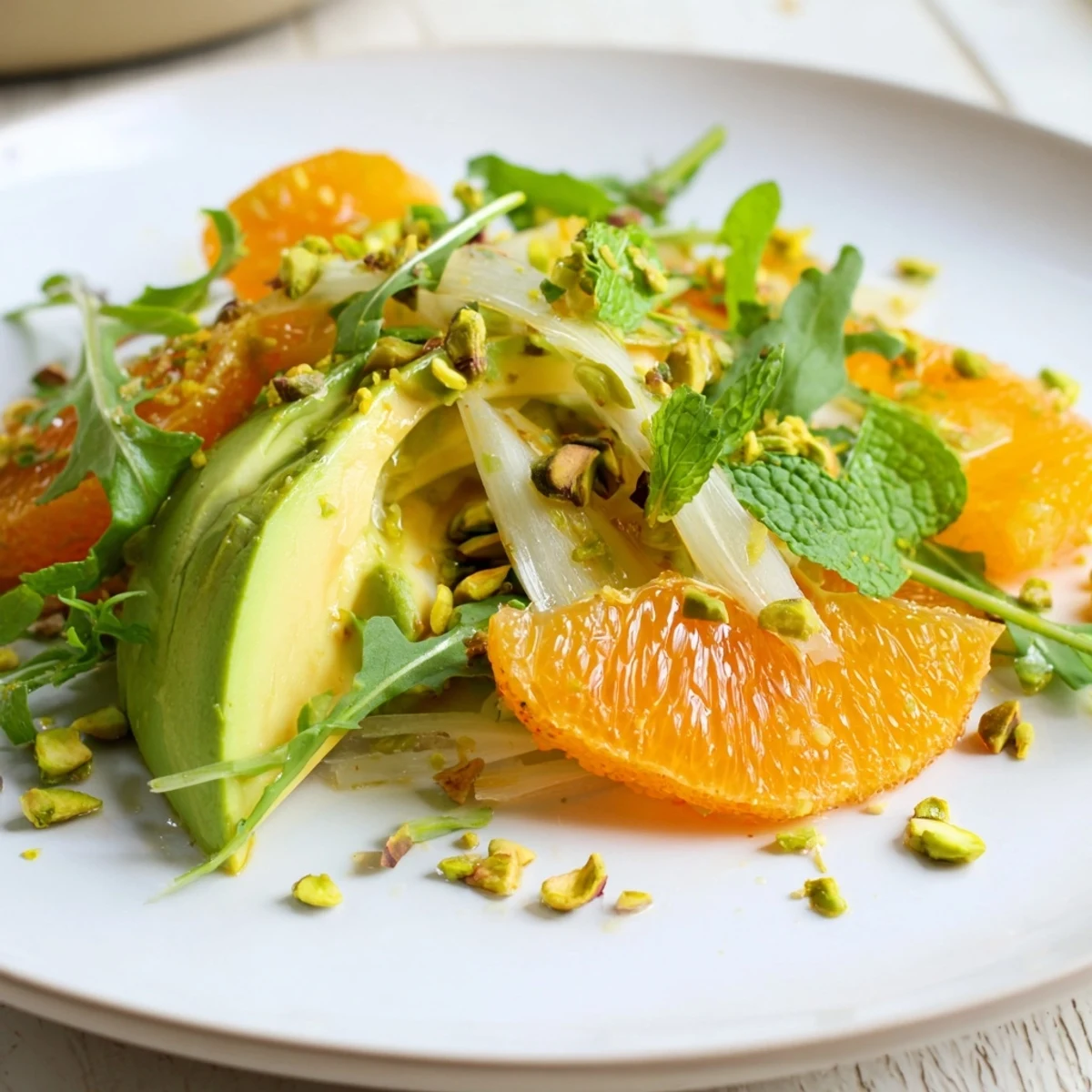 Freshly plated Winter Citrus Salad with Fennel and Avocado showcasing juicy orange and grapefruit rounds drizzled with lemon olive oil dressing.