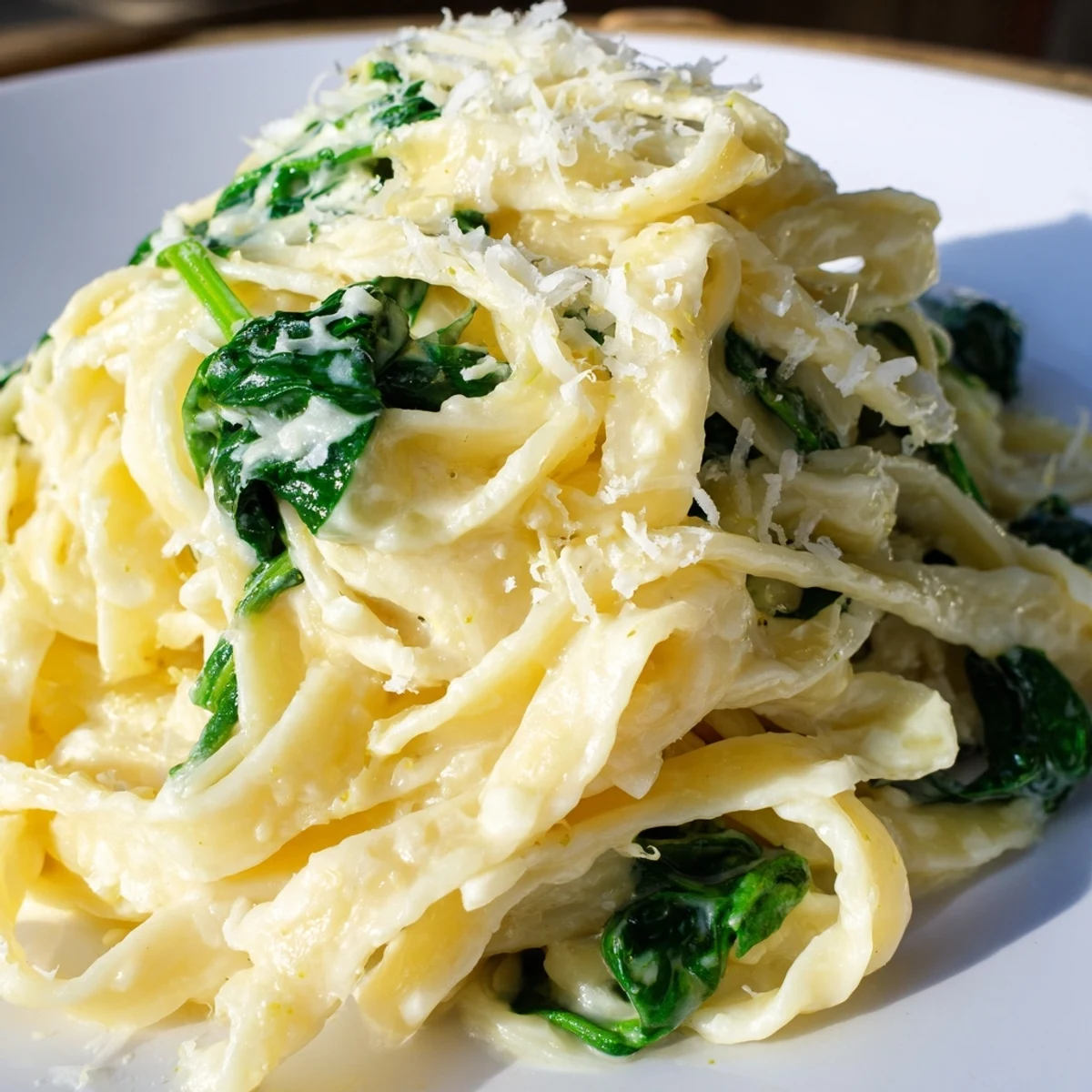 Freshly cooked Creamy Spinach Pasta with Garlic and Lemon twirled on a fork, showcasing the silky cream sauce.