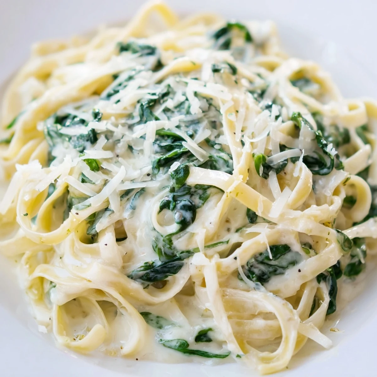 Creamy Spinach Pasta with Garlic and Lemon served in a white bowl, garnished with fresh lemon zest and grated Parmesan.