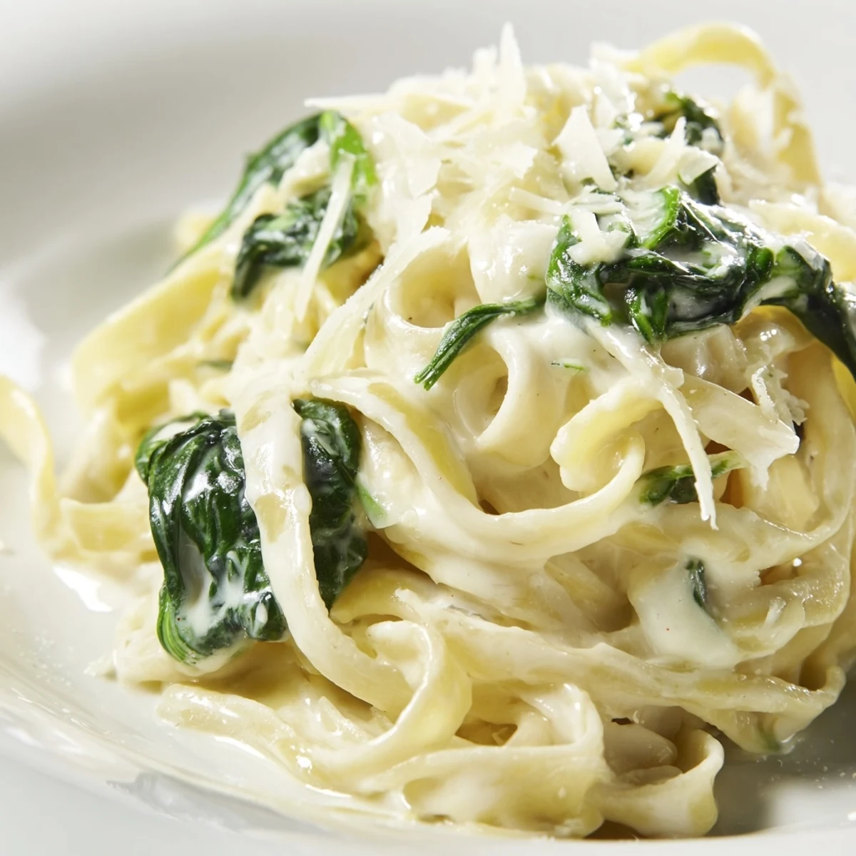 Creamy Spinach Pasta with Garlic and Lemon plated on a rustic wooden table, ready to be enjoyed with a glass of white wine.