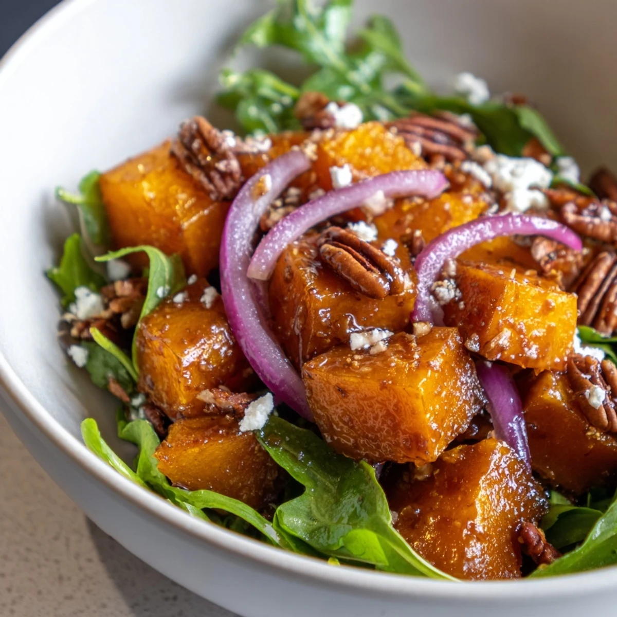 Roasted Butternut Squash Salad with Pecans served on a bed of arugula, topped with crumbled feta and a maple-balsamic drizzle.