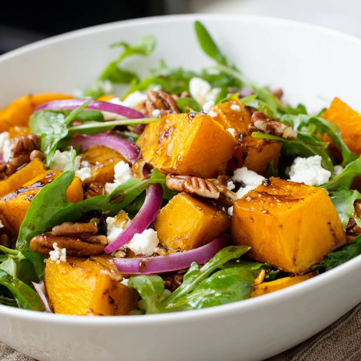 Vividly golden roasted butternut squash cubes and toasted pecans tossed with red onion and greens for a warm autumn salad.