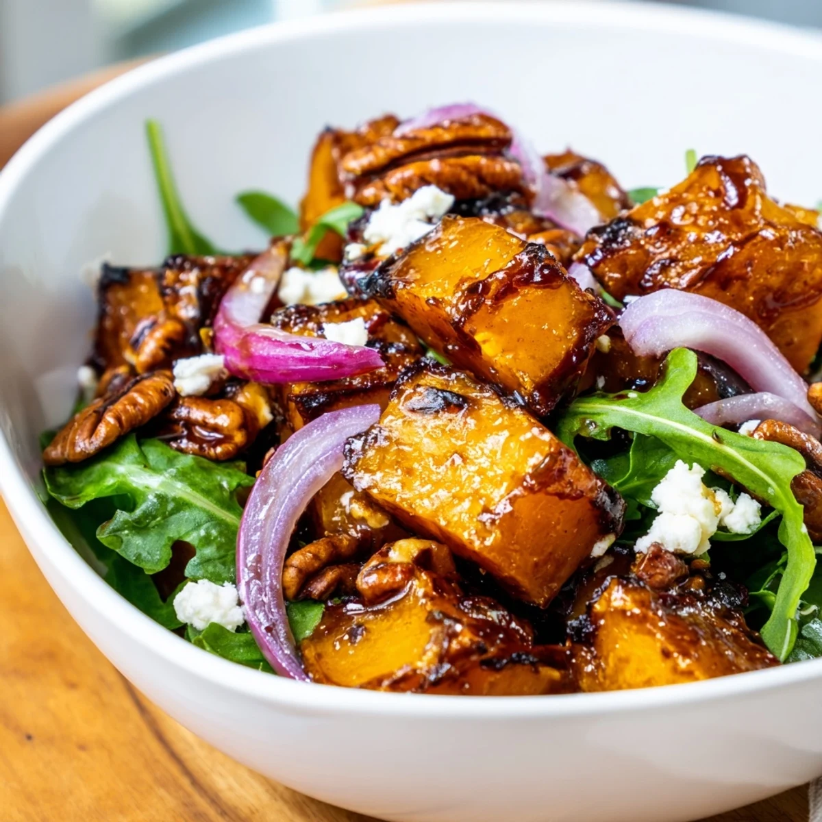 Freshly prepared Roasted Butternut Squash Salad with Pecans featuring vibrant greens and a tangy maple-balsamic vinaigrette, ready to serve.