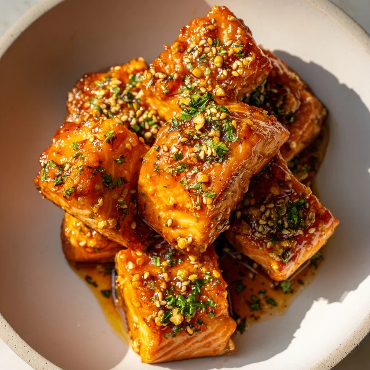 Crispy salmon pieces fresh from the air fryer are tossed in a sweet and savory glaze with parsley.