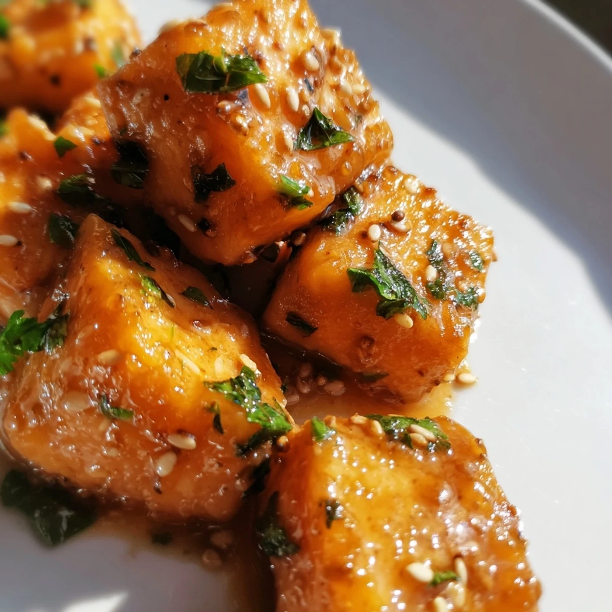 Golden Air Fryer Salmon Bites glisten with sticky honey garlic glaze served over fluffy white rice.