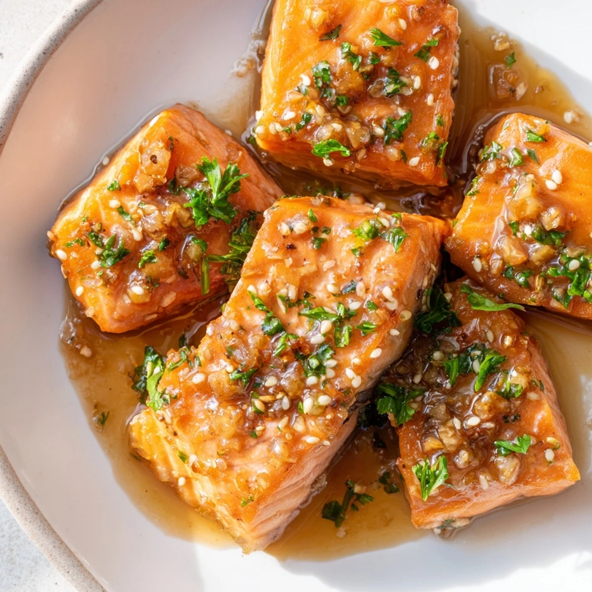 Bite-sized salmon fillet pieces coated in thick honey garlic sauce garnished with sesame seeds on a plate.