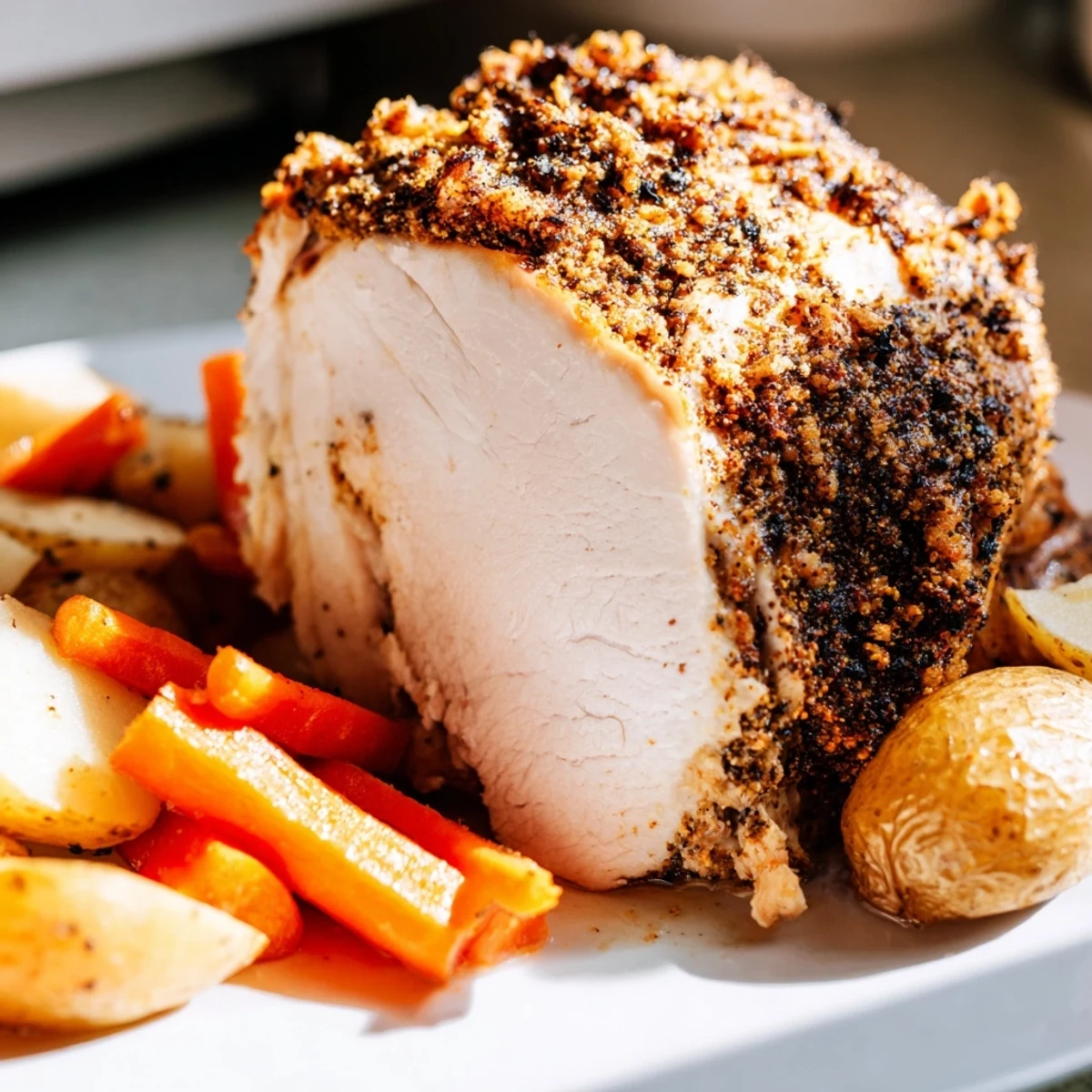 Golden-brown Sheet Pan Lemon Herb Roasted Turkey Breast rests beside tender carrots and potatoes, garnished with fresh thyme.