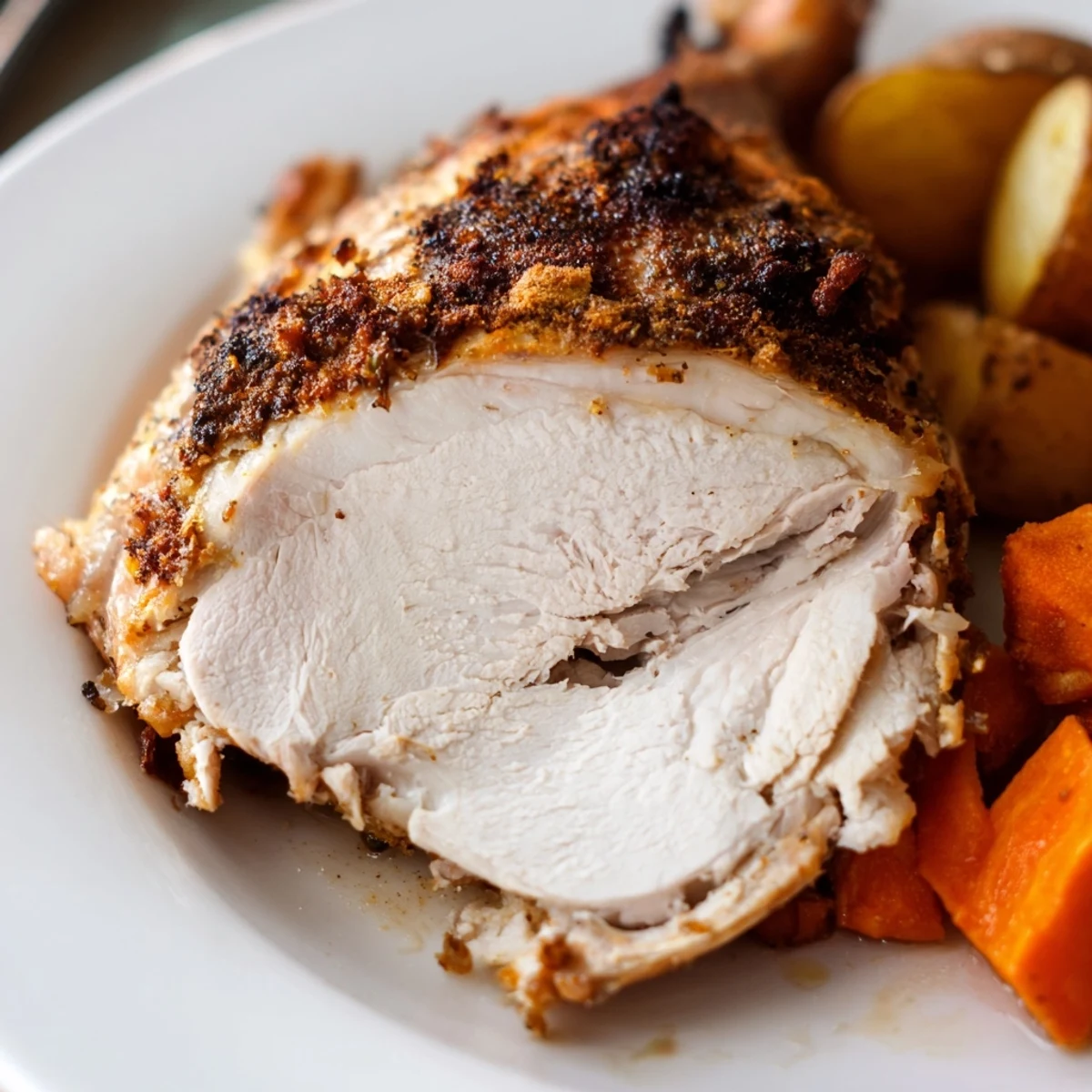 Juicy sliced Sheet Pan Lemon Herb Roasted Turkey Breast is served with roasted vegetables on a rustic plate with lemon wedges.