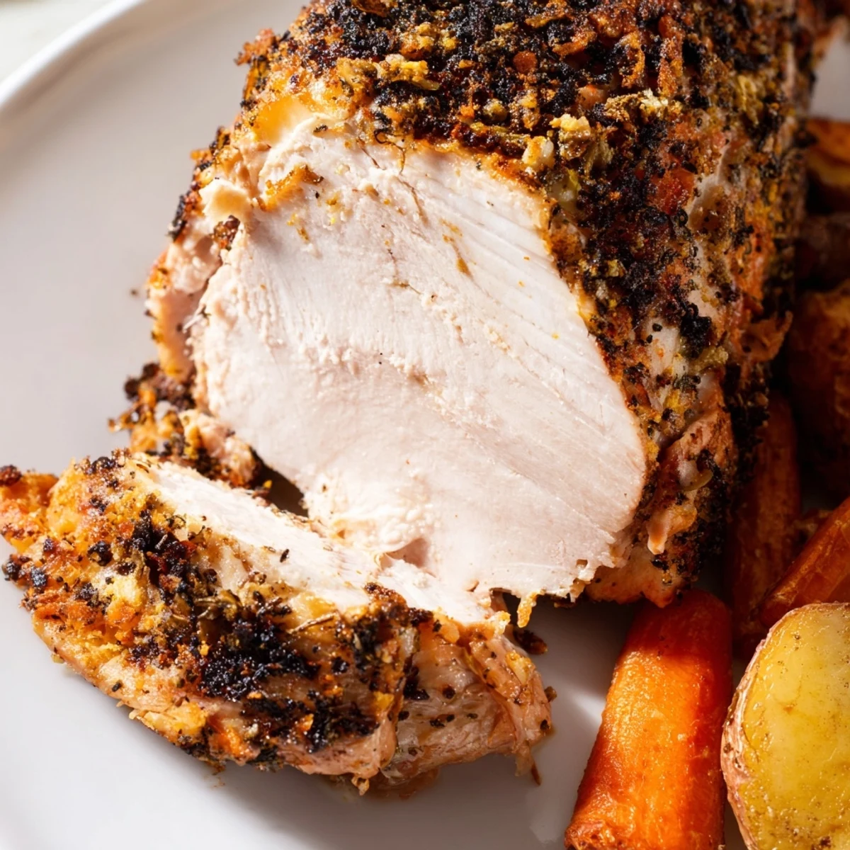 A close-up of Sheet Pan Lemon Herb Roasted Turkey Breast highlights crispy skin, herbs, and glazed roasted vegetables on a sheet pan.