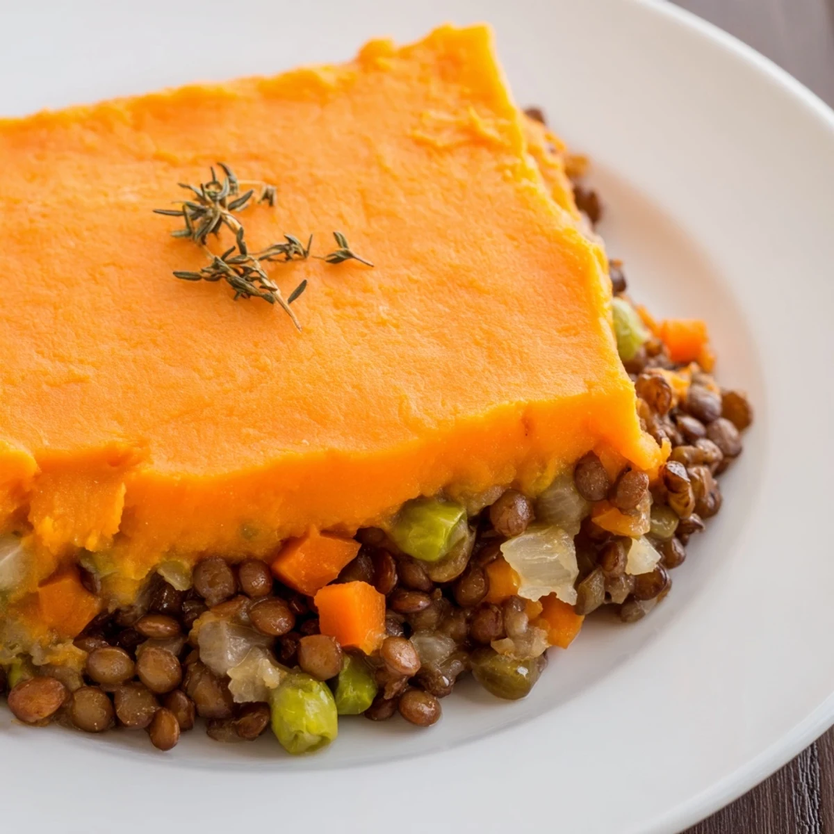 Creamy sweet potato crust covers savory lentil and vegetable filling in this vegetarian shepherds pie.