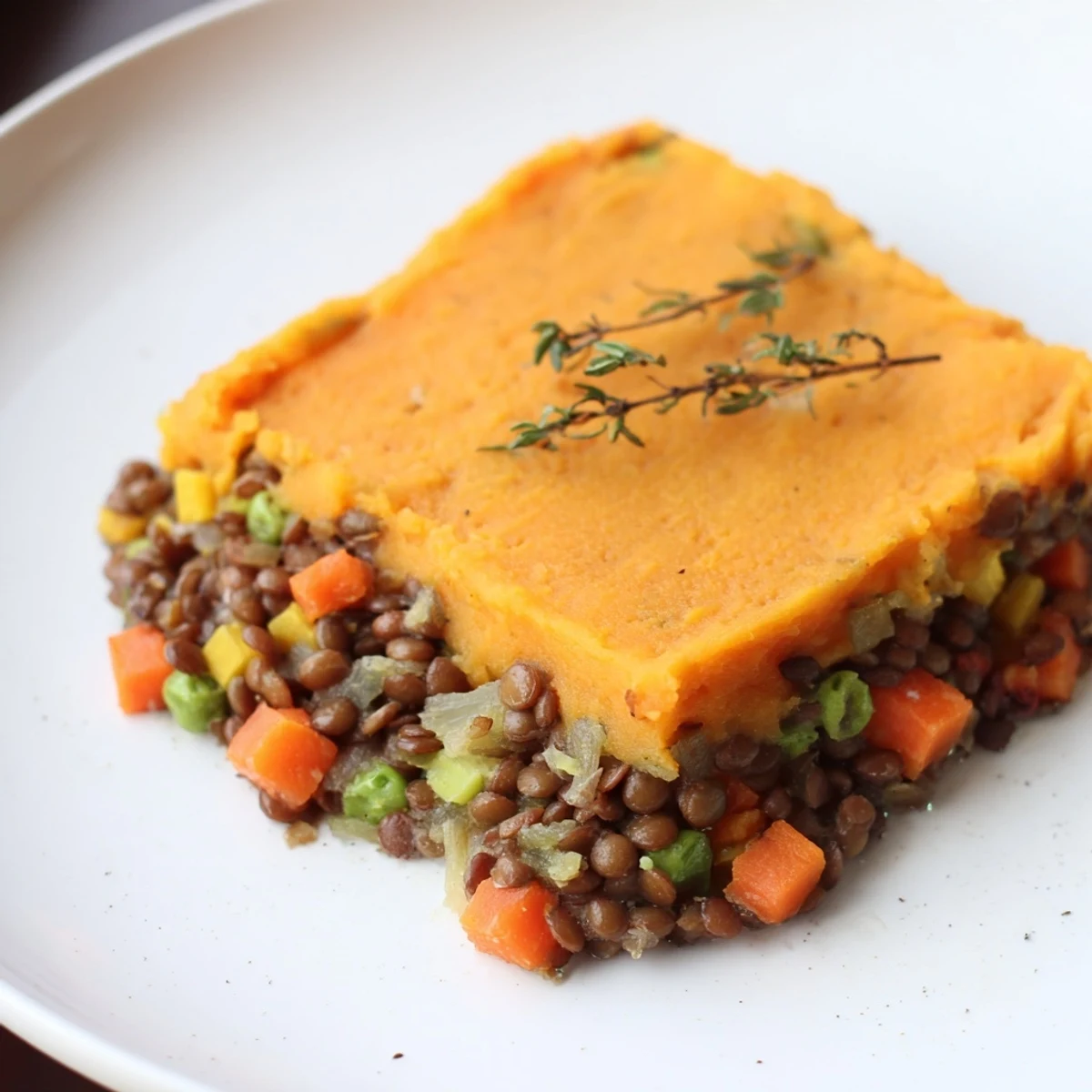 Homemade Vegetarian Lentil Shepherds Pie with Sweet Potato served with fresh greens on a rustic table.