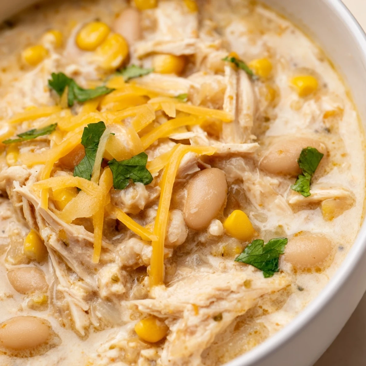 Creamy White Chicken Chili with Corn steams in a rustic bowl topped with melted cheese, cilantro, and a lime wedge.