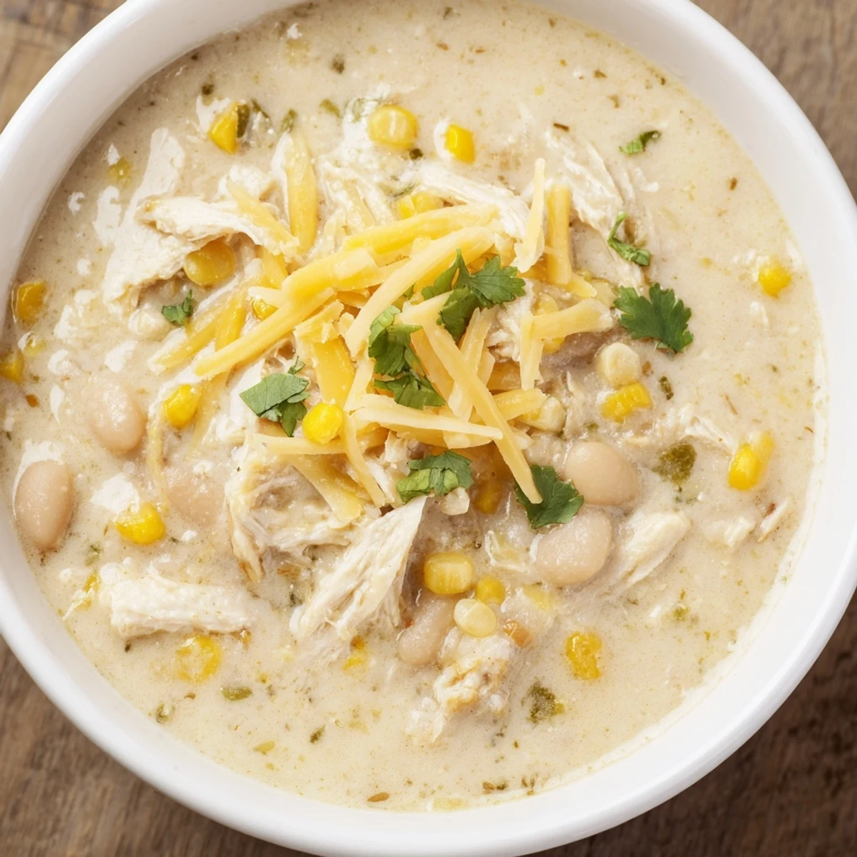 Creamy White Chicken Chili with Corn is served steaming hot in a white bowl with colorful garnishes and a spoon.