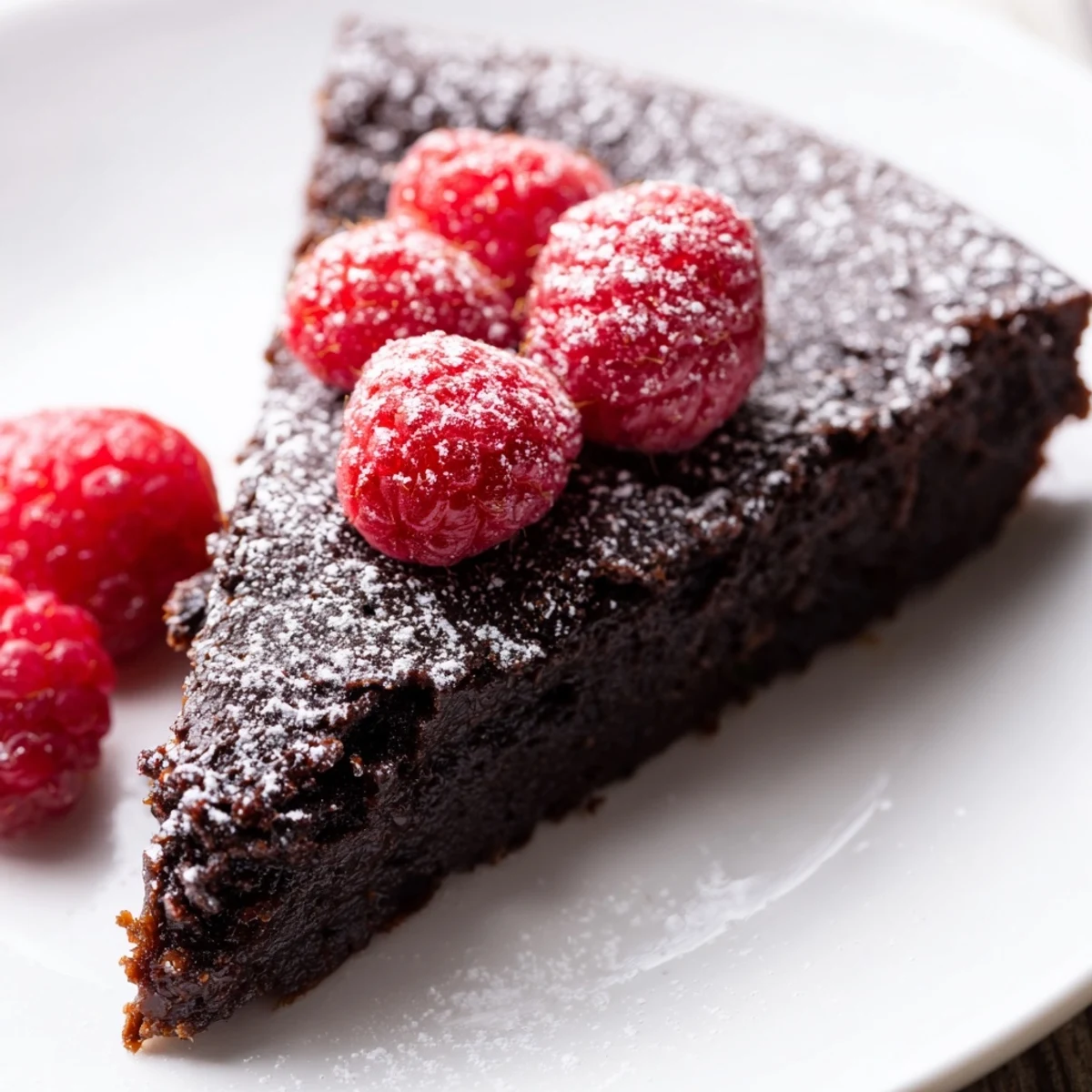 Decadent Flourless Chocolate Cake with Raspberries, a glossy, fudgy slice served on a white plate, dusted with powdered sugar.