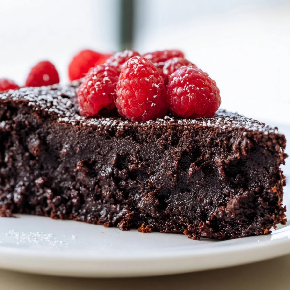 A rich, gluten-free Decadent Flourless Chocolate Cake with Raspberries topped with vibrant berries, plated beside a glass of red wine.