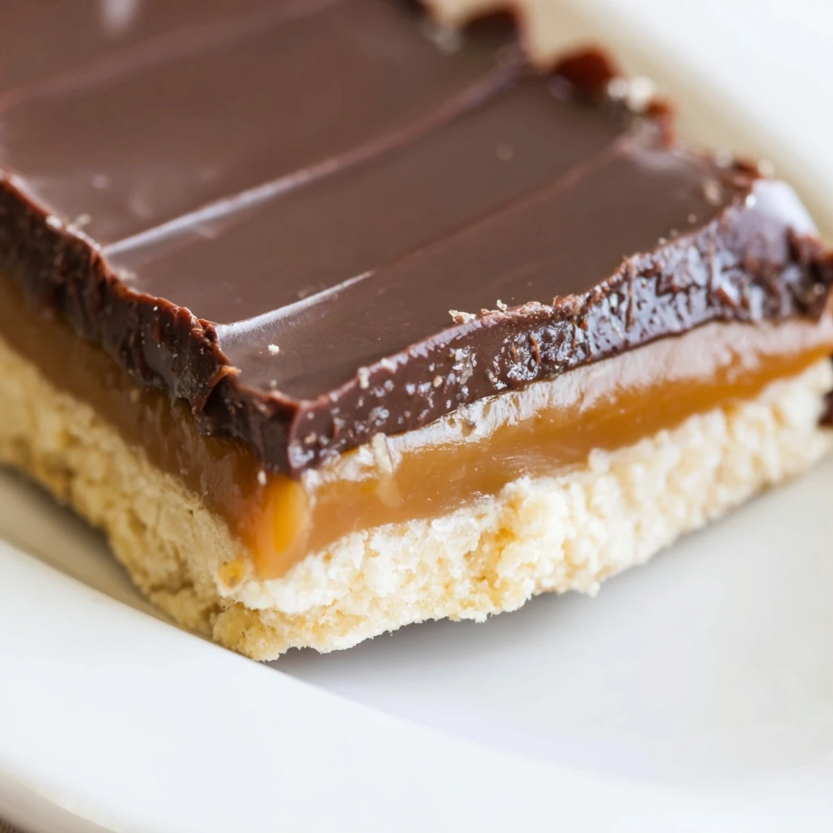 Decadent homemade Chocolate Bars with Caramel, featuring a golden shortbread crust, rich amber filling, and glossy chocolate topping.