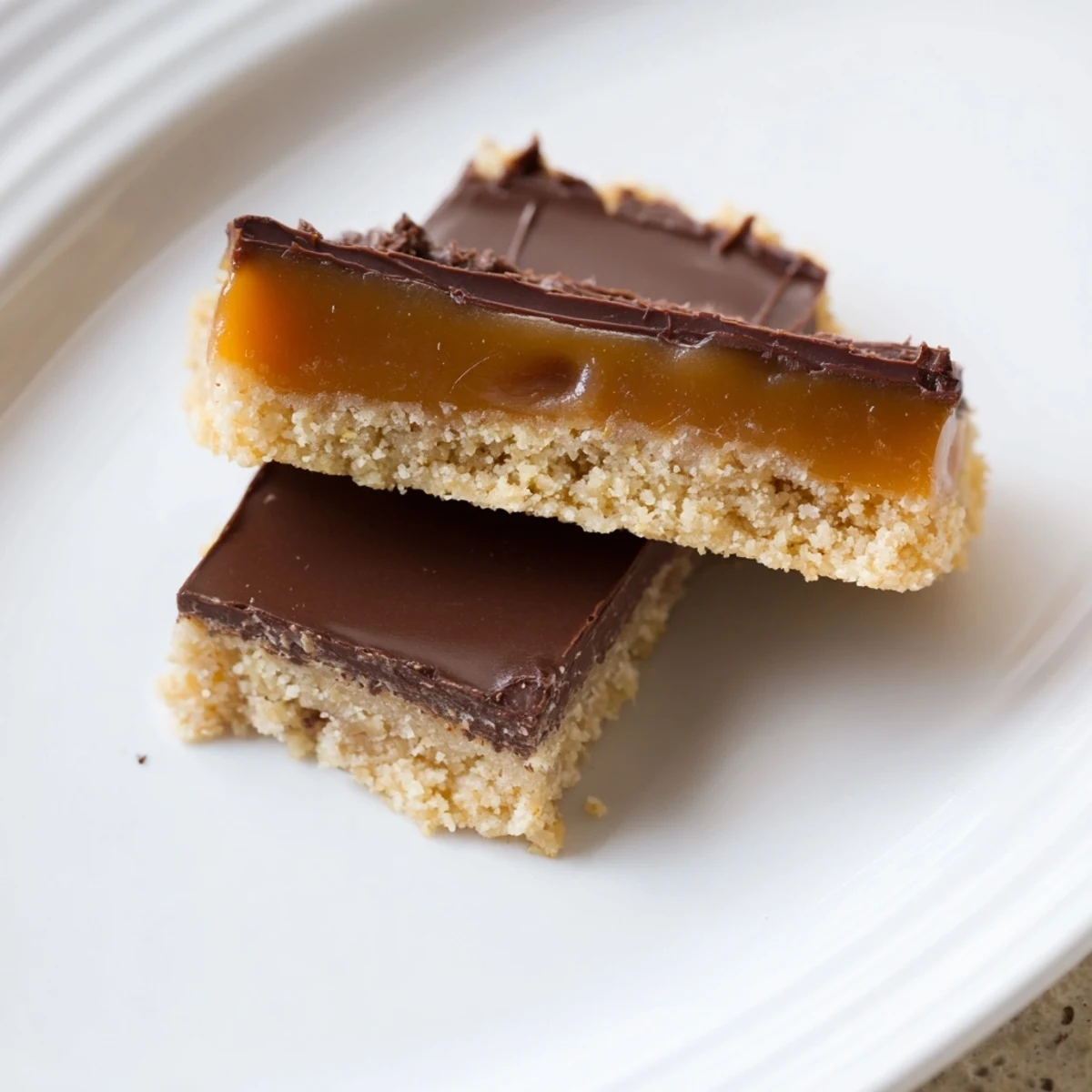 A close-up view of layered Chocolate Bars with Caramel cut into squares, revealing silky texture perfect for dessert parties or gifting.
